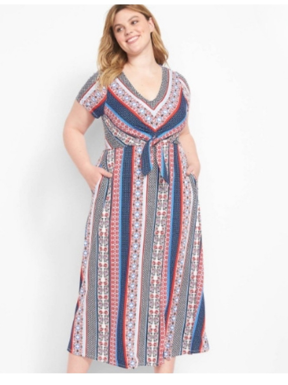 Lane Bryant Short Sleeve V-Neck Tie Knot‎ Mixed Print Floral Maxi Dress Blue Red